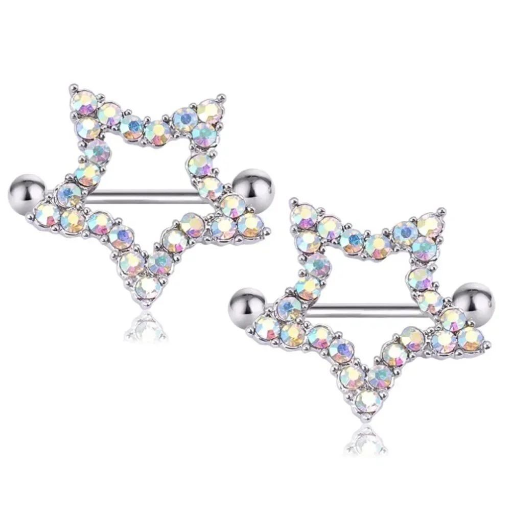 14G 316L Silver and AB Crystal Star Shaped Nipple Shield Rings - 2 Piece Set
